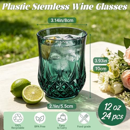 24 Pack Plastic Stemless Wine Glasses, 12oz Unbreakable Wine Cups - Image 2