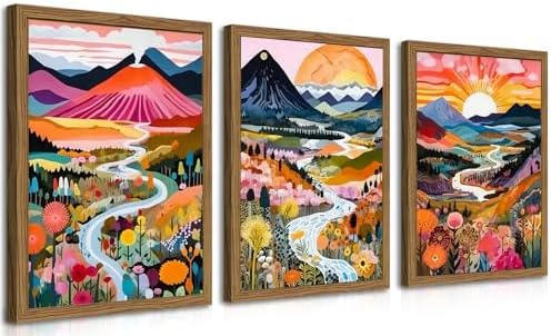 Wood Frame Boho Colorful Wall Art, Set of 3 Abstract Watercolor Mountain Landscape Wall Decor Paintings, Modern Flower Aesthetic Posters Prints for Living Room Bathroom Bedroom 16x24In Framed by fancynewWallArt