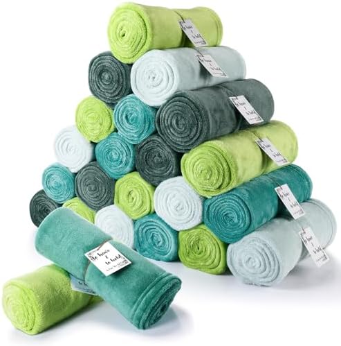 24 Pack Flannel Throw Blankets Bulk 50 x 60 Inch Wedding Fleece Blankets with Thank You Card Soft Blanket for Winter Valentines Guests Sleepover Spa Gifts, 4 Colors (Shades of Green) by Windkream
