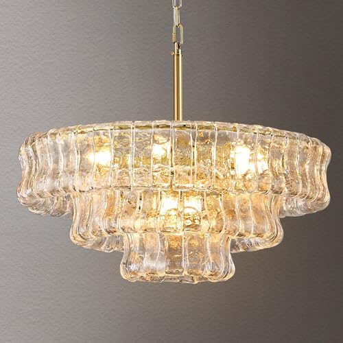 23in Large Chandelier Gold, Modern Dining Room Light Fixtures, 3 Layer Luxury Glass Chandelier 9 Light Chandeliers for Dining Room Kitchen Island Living Room (Clear Glass) by Unknown