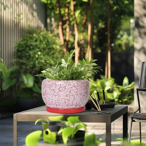 SQOWL Ceramic Planters for Indoor Plants - 10 Inch Flower Pots with Drainage Hole and Saucer, Decorative Ceramic Plant Pots, Round Large Planter Outdoor, Room Decor, Housewarming Gifts, Red and White - Image 5