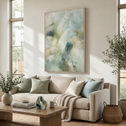Extra Large Framed Teal Sage Green Abstract Wall Art, Vertical 40x60 In - Image 2