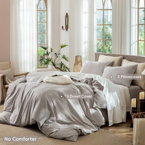MooMee Striped Duvet Cover Set 100% Washed Cotton Linen Like King - Image 2
