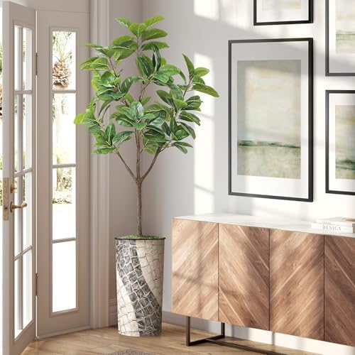 Artificial Tree in Geometric Pattern Planter, Fake Rubber Silk TRE for Indoor and Outdoor Home Decoration - 70" Overall Tall (Plant Pot Plus Tree) by SIGNWIN