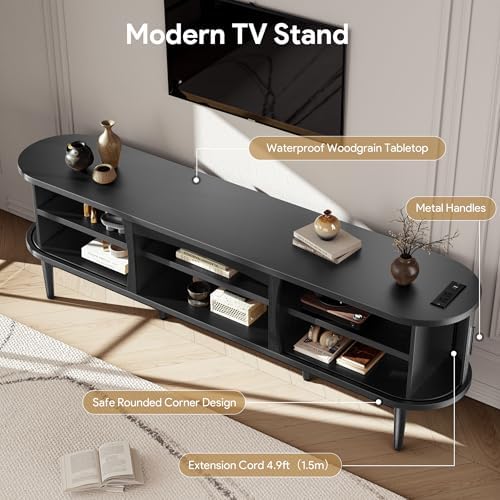 Decofy Mid Century TV Stand for TVs up to 90 Inches, Entertainment Center with Storage, Power Outlet, Fluted Sliding Doors & Adjustable Shelves, Modern Media TV Console Table for Living Room (Black) - Image 6