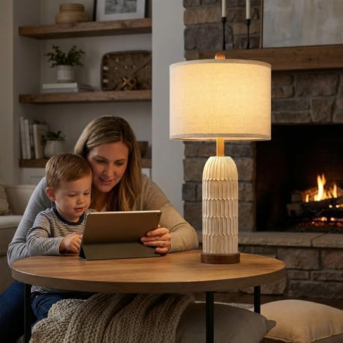 OYEARS 26.5" Bedside Table Lamps Set of 2, Farmhouse Table Lamp with USB A+C Charging Ports,Vintage Nightstand Lamp for Bedrooms and Living Rooms, Retro Resin End Table Lamp with Linen Shade, Brown - Image 6