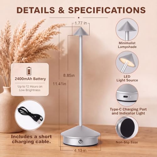 6 Pack Cordless Table Lamp, 3 Color Stepless Dimmable, Silver - Image 2