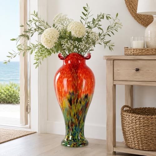 20" Tall Hand Blown Glass Vase – Pretty Ruffle Wide Mouth Decorative Flower Vase, for Modern Home Decor, Ideal Centerpiece for Living Rooms, Wedding & Home Decor by LINYTHER