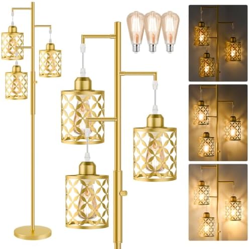 68" Modern Tree Floor Lamp, Dimmable Industrial Tall Standing Lamp with Metal Cages & Rotary Dimmer Knob, Corner Decor Lighting for Living Room Bedroom Cafe, 3 x 800LM Bulbs Included - Gold by GHOOCEMLUX