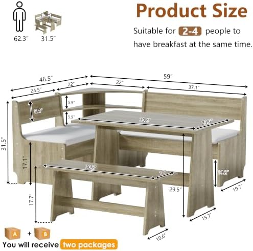 PAKASEPT Corner Breakfast Nook Table Set Kitchen Bench with Soft Cushion - Image 2