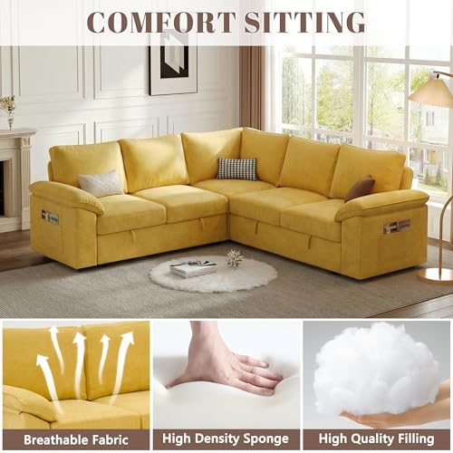85'' Modular Sectional Sofa with Pull Out Bed, Sleeper Sofa, Yellow - Image 5