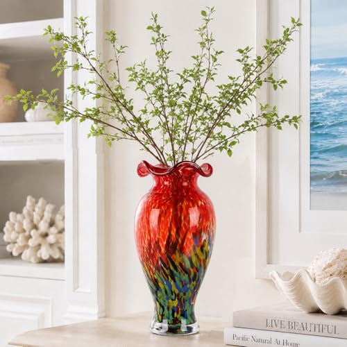 12" Tall Hand Blown Glass Vase – Pretty Ruffle Wide Mouth Decorative Flower Vase, for Modern Home Decor, Ideal Centerpiece for Living Rooms, Wedding & Home Decor - Image 4