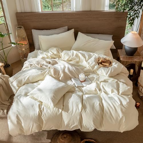 MooMee Wavy Striped Duvet Cover Set 100% Washed Cotton Linen Like Textured Breathable Durable Soft Comfy (Cream White, King 104"x90") - Image 6