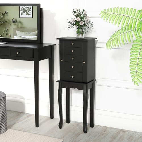 Giantex Standing Jewelry Armoire Cabinet with 4 Drawers, Flip Top Mirror, Top Storage Compartments, 2 Side Doors with 8 Necklace Hooks, Freestanding Jewelry Organizer Box Chest (Black) - Image 2