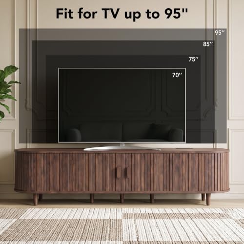 MXV 90" TV Stand with Sliding Doors for Living Room, Mid Century Modern Entertainment Center, TV Console with Fluted Door Cabinets and Power Outlet, Walnut - Image 3
