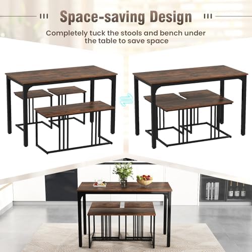 Giantex 4-Piece Dining Table Set for 4, Modern Kitchen Table and Chairs, Nesting Furniture Set with Bench & 2 Stools, Space-Saving Desk Set, Dinette Set for Small Place, Dining Room Restaurant (Brown) - Image 3