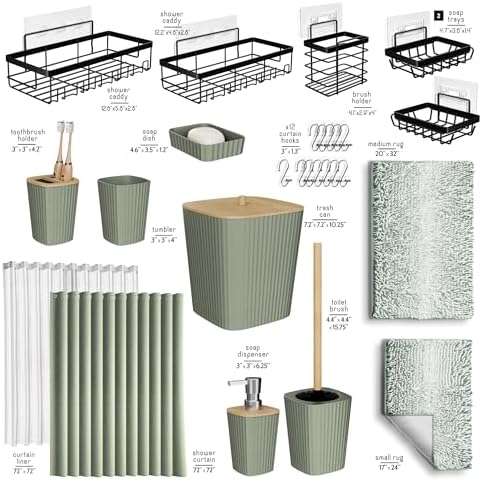 Clara Clark Bathroom Accessories Set - 27PC Bathroom Set with Adhesive Corner Shower Caddy Hanging, Bathroom Sets with Shower Curtain and Rugs, Ombre Sage Green Shower Curtain Set with Trash Can - Image 3