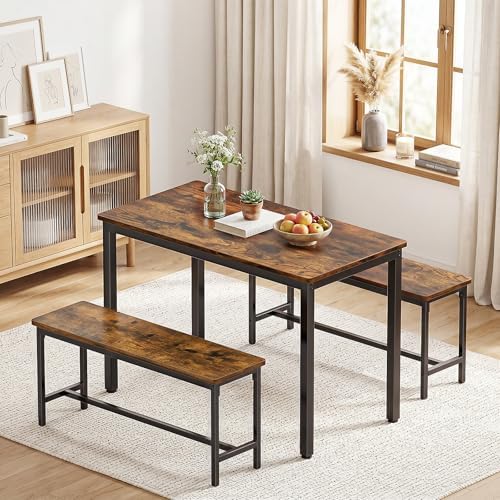 Dining Table Set for 4, Kitchen Table with 2 Benchs, Brown by FAVSH