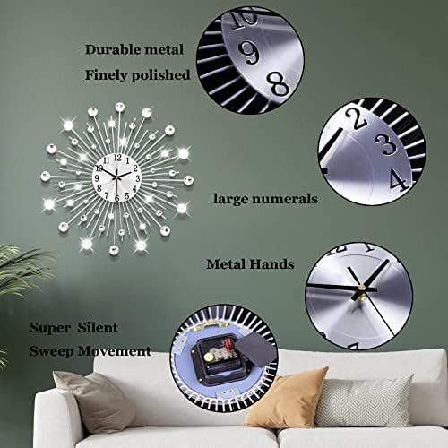 Large Decorative Wall Clock for Living Room Decor Silver Metal Crystal Modern Starburst Wall Clock 20 Inch Big Silent Quartz Clock Battery Operated Non Ticking for Kitchen Office Bedroom - Image 6