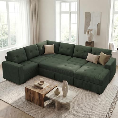 HONBAY Modular Sectional Sleeper Sofa with Pull Out Bed, U Shaped Sleeper Couches with Storage Chaise, 114'' Sleeper Sectional Sofas for Living Room, Apartment (Velvet Green) by HONBAY