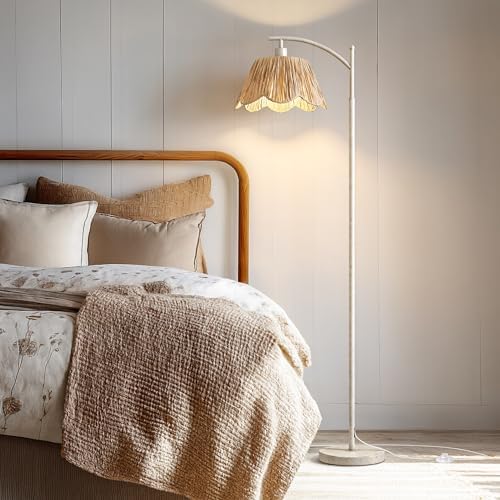 Oneach Farmhouse Floor Lamps for Living Room, Boho Floor Lamp for Bedroom with Foot Switch, Rattan Floor Lamp for Reading with Hand-Woven Shade, Antique White Metal Base & Pole - Image 2