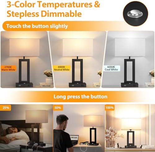 Kondras Set of 2 Table Lamps for Bedrooms, 3-Color Temperatures Touch Control Bedside Lamps with 2 USB Ports&AC Outlet, Stepless Dimmable Living Room Lamps for Nightstand, Bulbs Included, White&Black - Image 2