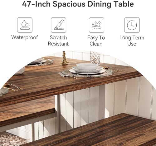 LITTLE TREE Dining Table Set for 4 with 2 Benches, Modern Kitchen Table with MDF Board, Space-Saving Dinette for Kitchen, Dining Room, Brown and White - Image 6