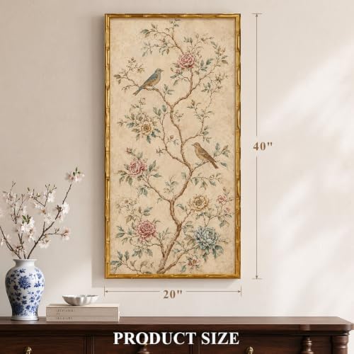 InSimSea Gold Bamboo Framed Wall Art, Asian Bird Flower Prints, 20x40In - Image 3
