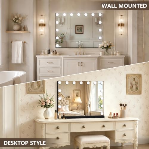 Ratsamee Black Hollywood Vanity Mirror with Lights, 15 Dimmable Bulbs, 3 Color Lights,Make Up Lighted Mirror, Aluminum Metal Frame, USB Charging Port（23" x 18"） - Image 4
