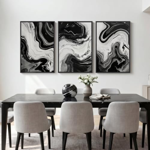 Large Framed Black and White Modern Abstract Wall Art Set of 3, 24x36 In - Image 2