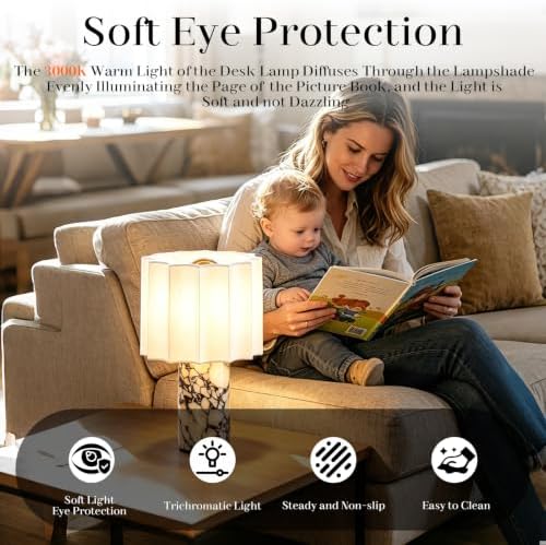 Marble Touch Table Lamp USB Rechargeable Cordless Bedroom Bedside Small Glow Night Light Stone Base and Linen Fabric Shades - Image 3