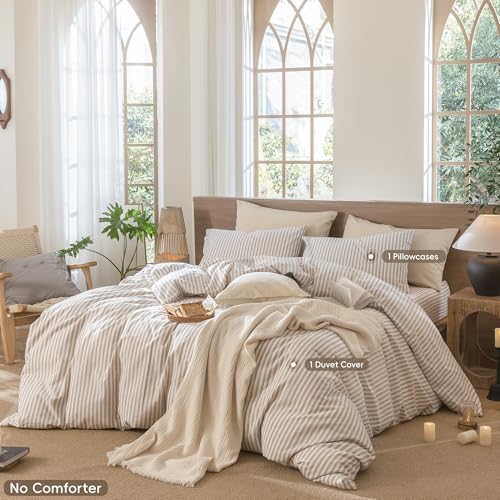 MooMee Striped Duvet Cover Set 100% Washed Cotton Linen Like Twin - Image 2