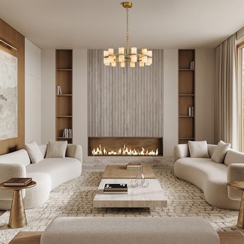 Alabaster Round Chandelier, Natural Spanish Stone Texture Chandeliers, D23.6in Round Chandeliers for Dining Room Small Chandelier Light Fixture for Kitchen Living Room Foyer Entryway Hallway (Brass) - Image 2