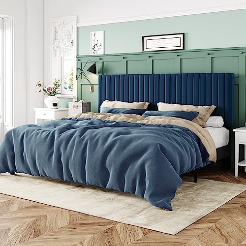 Allewie King Bed Frame, Velvet Upholstered Platform Bed with Adjustable Vertical Channel Tufted Headboard, Mattress Foundation with Strong Wooden Slats, Box Spring Optional, Easy Assembly, Navy Blue by Allewie