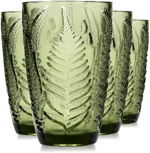Green Drinking Glasses Set of 4, 12 oz Glass Cups, Vintage Fern Glassware by QELVIO