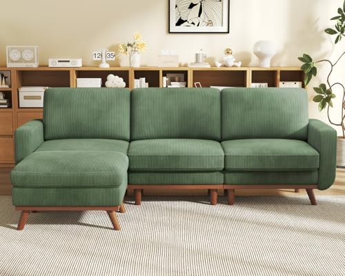 Vesgantti 97" L-Shape Modular Sofa, 3-Seat Corduroy Couch with Movable Ottoman, Sectional Sofa for Living Room, Green by Vesgantti