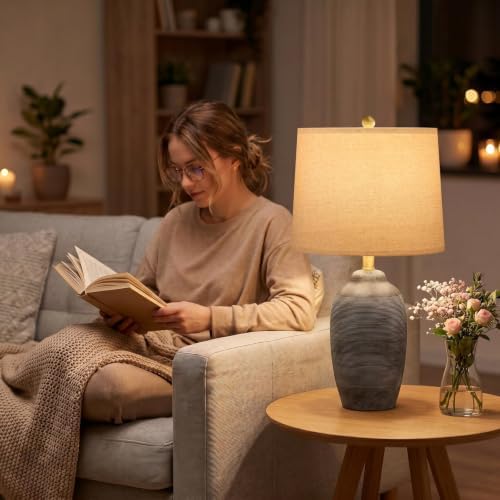 24.5" Vintage Ceramic Table Lamp Single-Rustic Boho Accent Nightstand Lamps for Bedroom, Living Room, Entryway-Small Textured Bedside Lamps, Modern Farmhouse Table Lamps for Home Decor Gray - Image 4