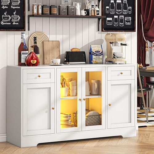 knoworld LED Coffee Bar Cabinet with Storage, 55'' Large Sideboard Buffet Cabinet, Wood Coffee Bar Buffet Table with 4 Doors and Charging Station, Modern LED Lights Sideboard for Kitchen, Dining Room by KNOWORLD