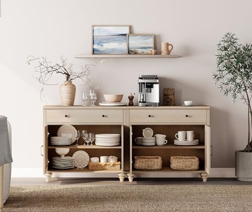 WAMPAT Farmhouse Buffet Cabinet with 4 Doors and 2 Drawers, Beige, 68 inch - Image 3