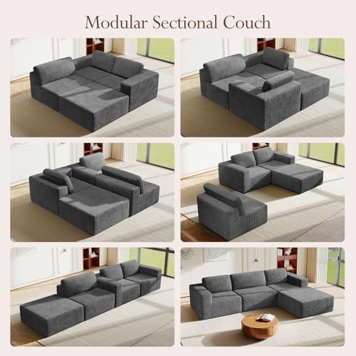 Vesgantti 119" L-Shaped Modular Sectional Sofa, Corduroy Cloud Couch with Deep Seating & Spring Support, Flexible Layout Sofa with Ottoman, Boneless Style, No Assembly Required, Grey - Image 3