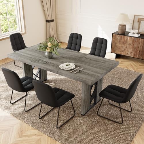 HIPIHOM 7-Piece Dining Table Set for 6, Grey Table with 6 PU Black Chairs by HIPIHOM