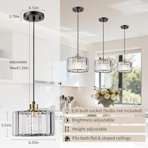 TALOYA Pendant Lights Kitchen Island Black and Gold, Crystal Pendant Light Modern for Dining Room, Height Adjustable Chandelier Hanging Island Light Fixtures for Kitchen Hallway(Bulb Not Included) - Image 4