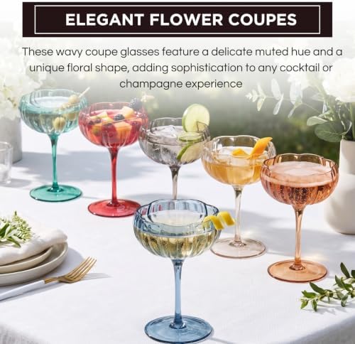 Khen Flower Modern Wavy Glass Coupes Martini, Champagne & Cocktail Coupes - Set of 6-7.7 oz Colorful Cocktail Glasses for Champagne, Prosecco, Mimosa - Copyright Design - Muted Pastel Colors - Image 3