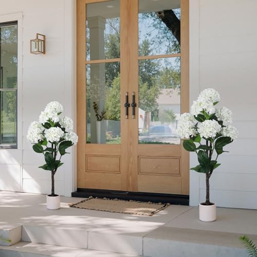 YEPDIN Set of 2 Artificial Hydrangea Tree 4 ft- Large Faux Hydrangea Plants Indoor Outdoor，Fake Flower Trees with White Tall Planter for Home Garden,Front Decor by Yepdin