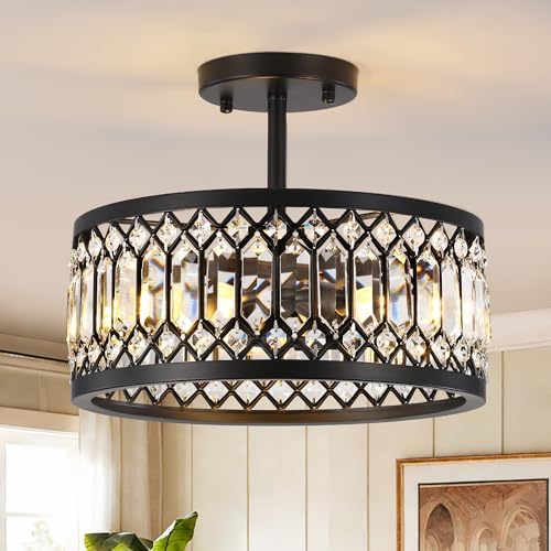 CNRATYE 12.6" Crystal Semi Flush Mount Ceiling Light Fixture, 3-Light Antique Black Hallway Light Fixtures, Round Chandelier for Bathroom Entryway Closet Bedroom Kitchen Dining Room by CNRATYE