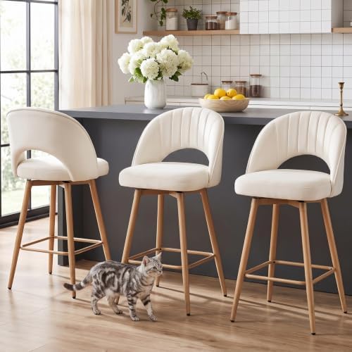 Swivel Bar Stools Set of 3, Counter Height Barstools for Kitchen Island, 26" Seat Height Bar Chairs for Dining Room, Velvet Upholstered Bar Stool with Back and Footrest, White by KRAMZMINGQualityHome