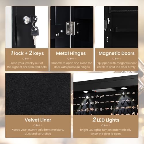 NAFORT 2 LEDs Jewelry Armoire with Full Length Mirror, 47.5" H Wall or Door Mounted Jewelry Cabinet with 2 Drawers, Lockable Jewelry Organizers and Storage, Hanging Jewelry Organizer, Black - Image 4