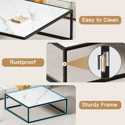 31.5" Square Coffee Table, Mid-Century Modern White Center Table for Living Room, Floor Table for Sitting on The Floor, Wood Cocktail Tea Contemporary Tables with Metal Frame for Office Apartment Home - Image 5