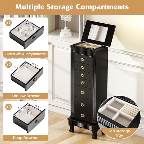 DREAMADE Jewelry Armoire, Standing Jewelry Box w/Mirror & 7 Drawers, Black - Image 3