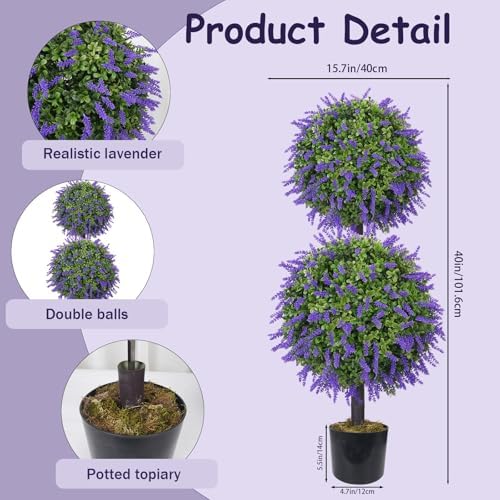 GTIDEA 2 Pcs 40" Topiary Trees Artificial Outdoor Lavender Plant with Pot - Image 2